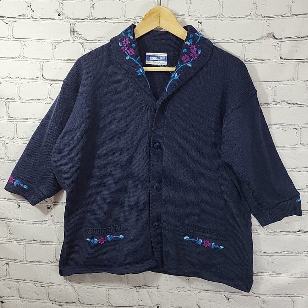 Vtg Pendleton Virgin Wool Navy‎ Blue Floral Cardigan Sweater 90's Womens Plus 1X